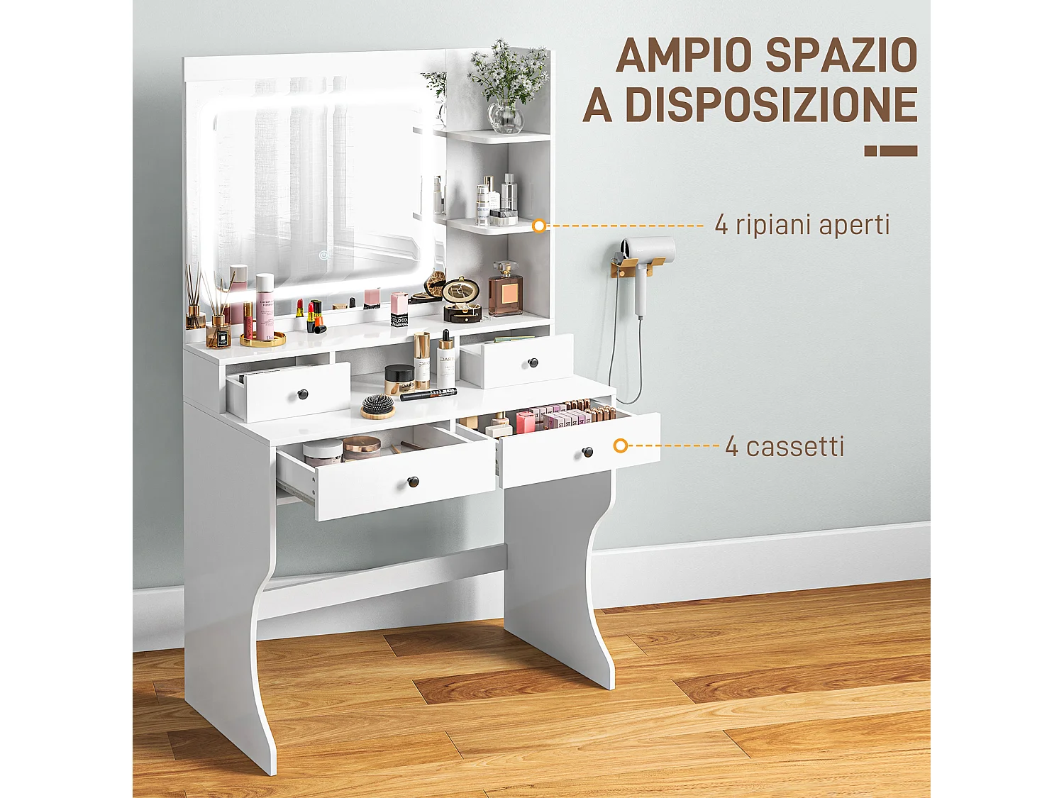 Toeletta trucco con specchio a luci led e 4 cassetti bianco