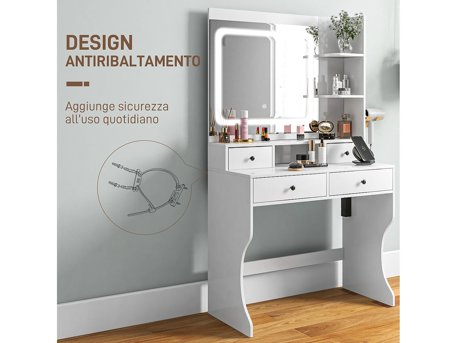 Toeletta trucco con specchio a luci led e 4 cassetti bianco