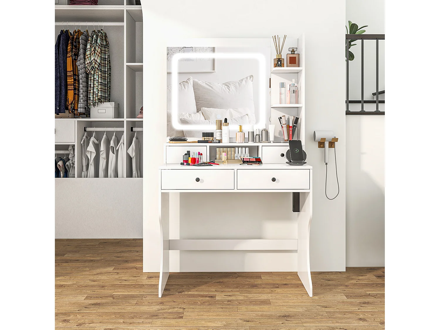 Toeletta trucco con specchio a luci led e 4 cassetti bianco