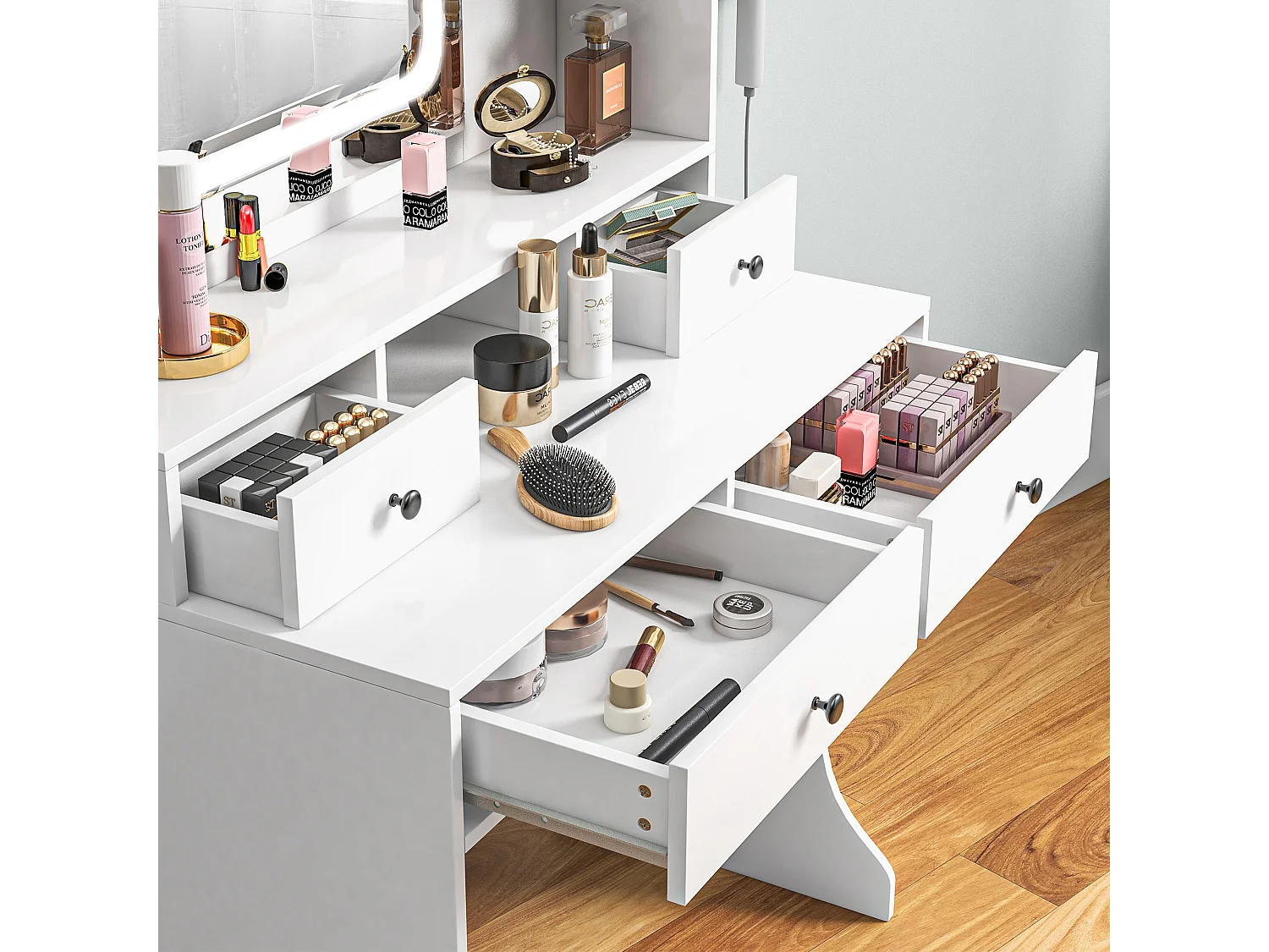 Toeletta trucco con specchio a luci led e 4 cassetti bianco