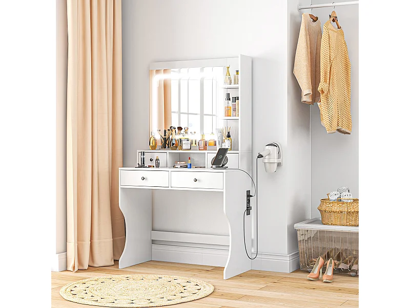 Toeletta trucco con specchio a luci led e 4 cassetti bianco