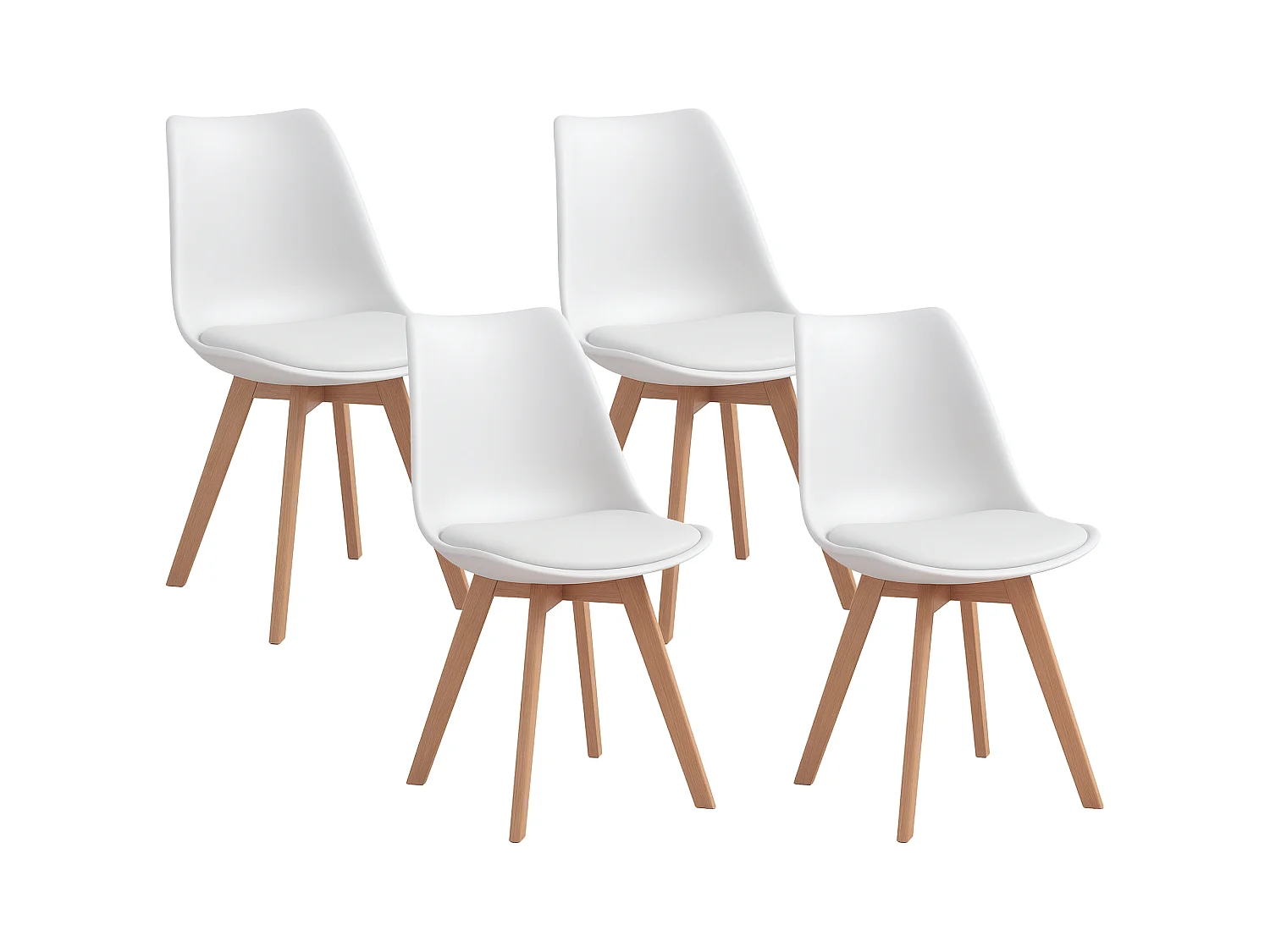Set 4 sedie da pranzo moderne con cuscino in plastica e legno bianco