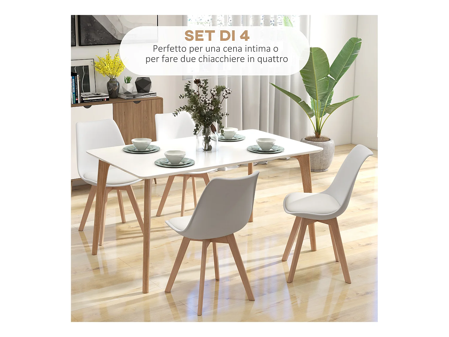 Set 4 sedie da pranzo moderne con cuscino in plastica e legno bianco