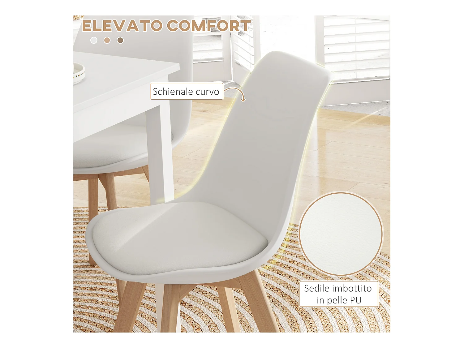 Set 4 sedie da pranzo moderne con cuscino in plastica e legno bianco