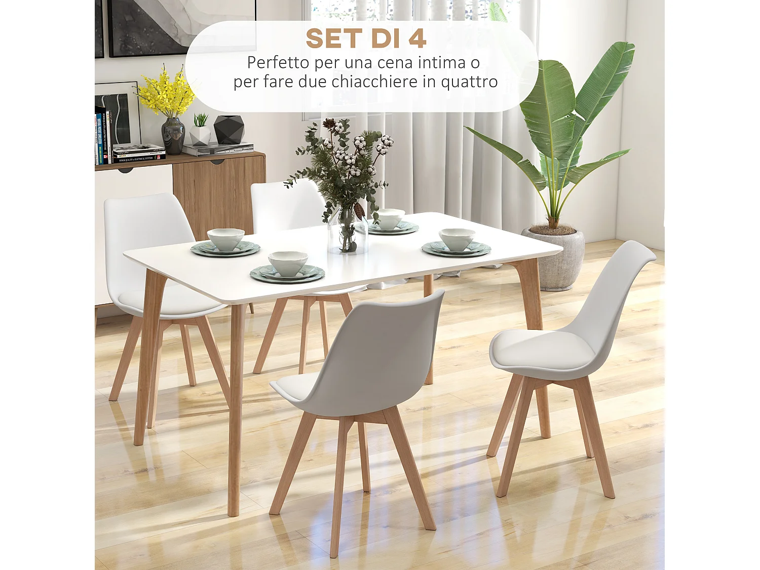 Set 4 sedie da pranzo moderne con cuscino in plastica e legno bianco