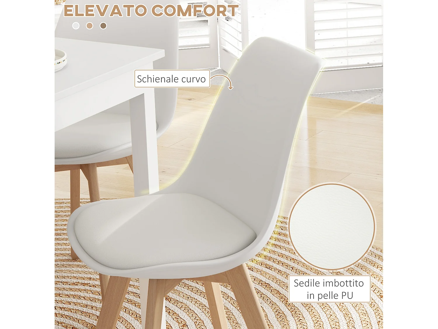 Set 4 sedie da pranzo moderne con cuscino in plastica e legno bianco