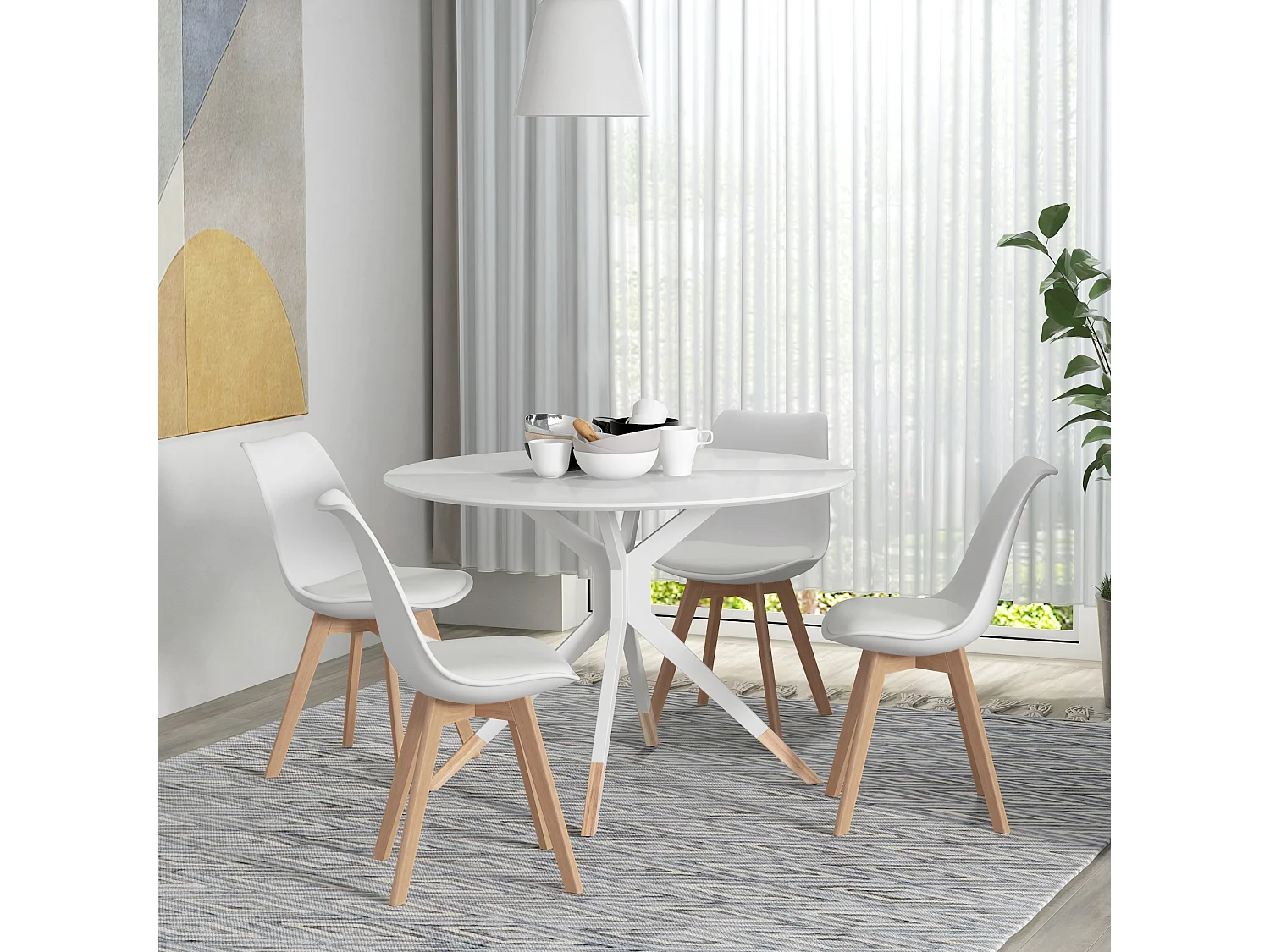 Set 4 sedie da pranzo moderne con cuscino in plastica e legno bianco