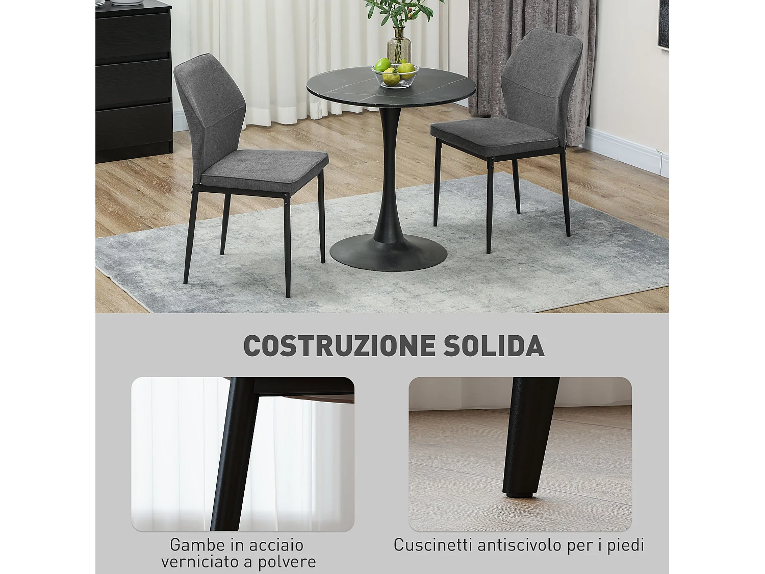 Set 2 sedie da pranzo imbottite senza braccioli in velluto grigio