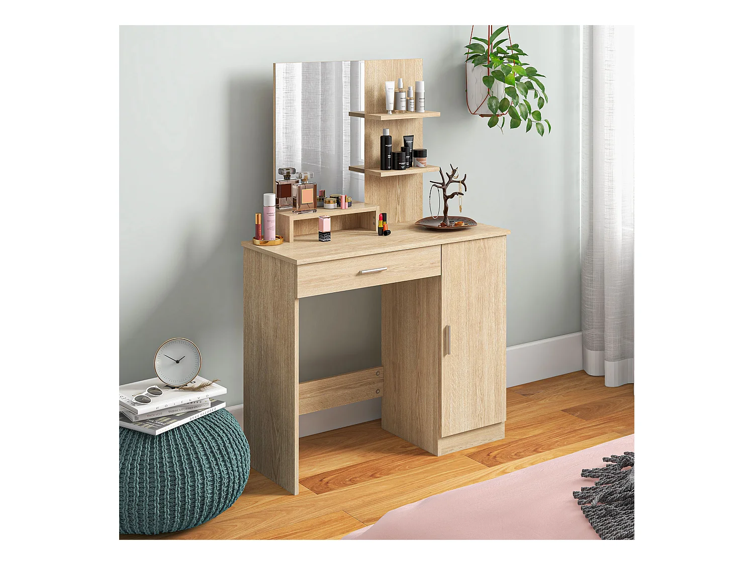 Tavolo per trucco con mobile cassetto ripiani e specchio