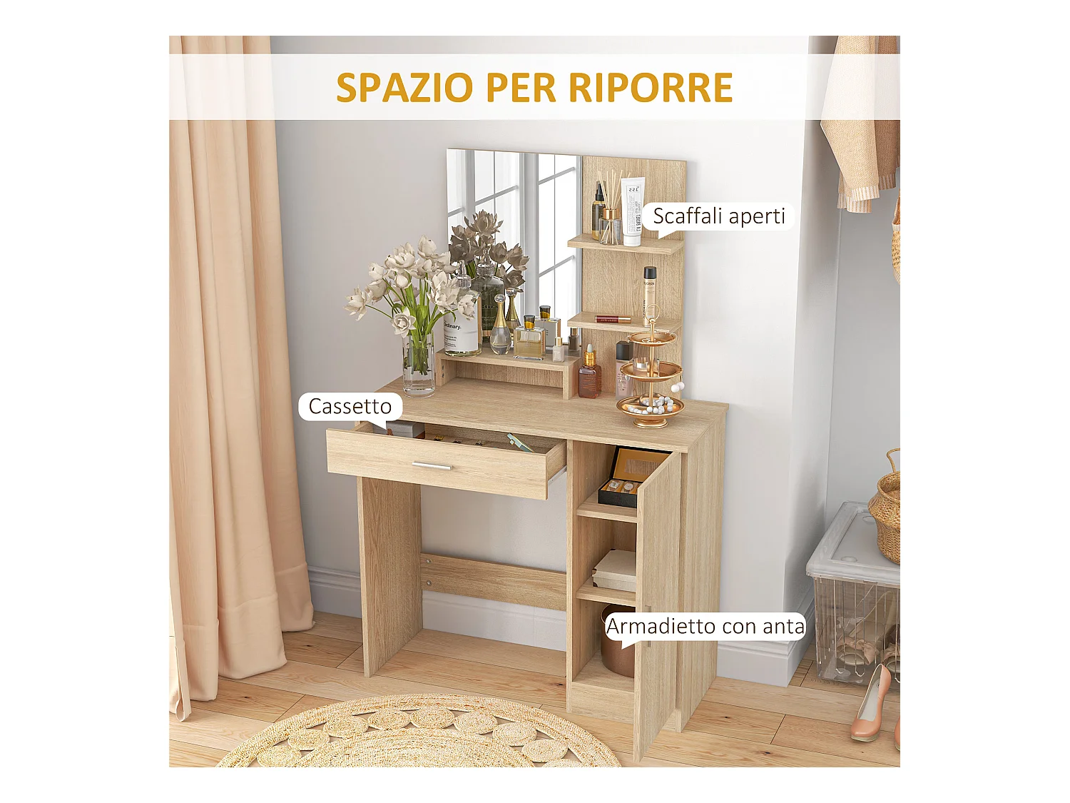 Tavolo per trucco con mobile cassetto ripiani e specchio