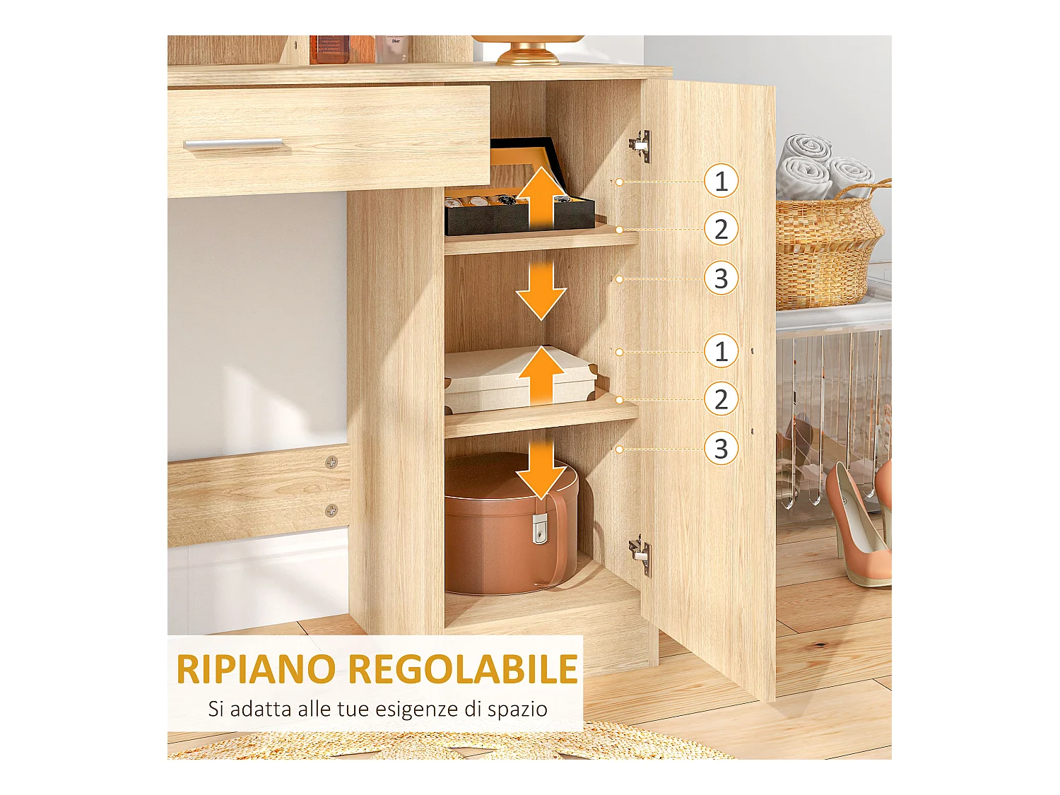 Tavolo per trucco con mobile cassetto ripiani e specchio