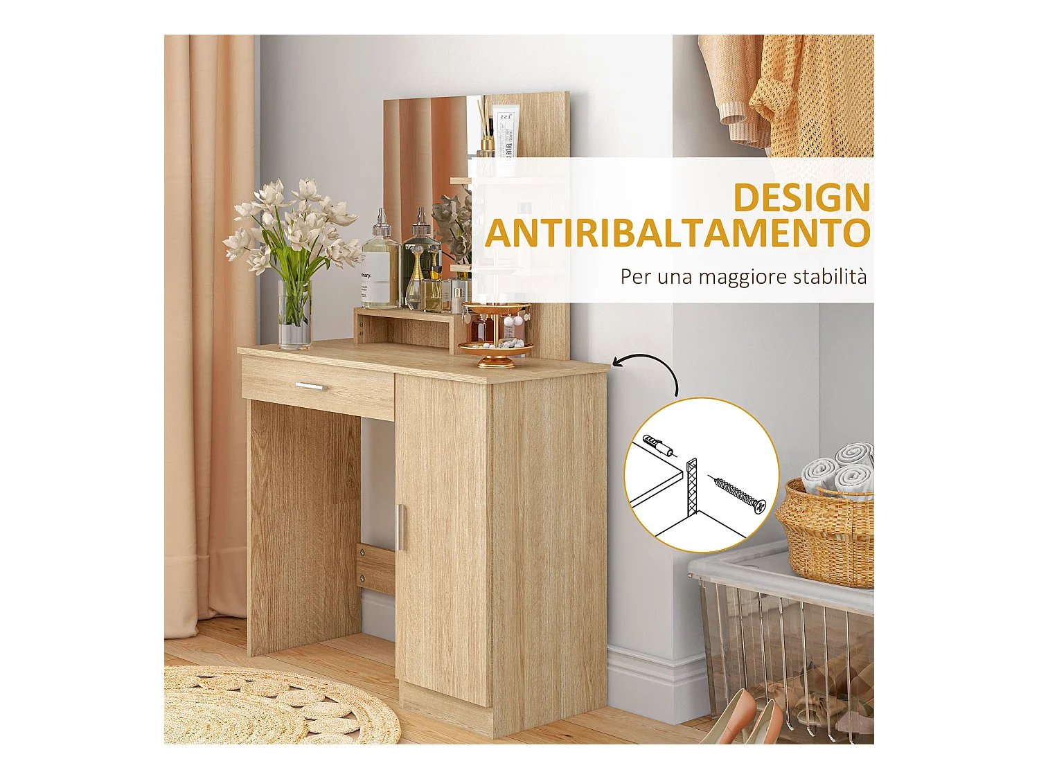 Tavolo per trucco con mobile cassetto ripiani e specchio