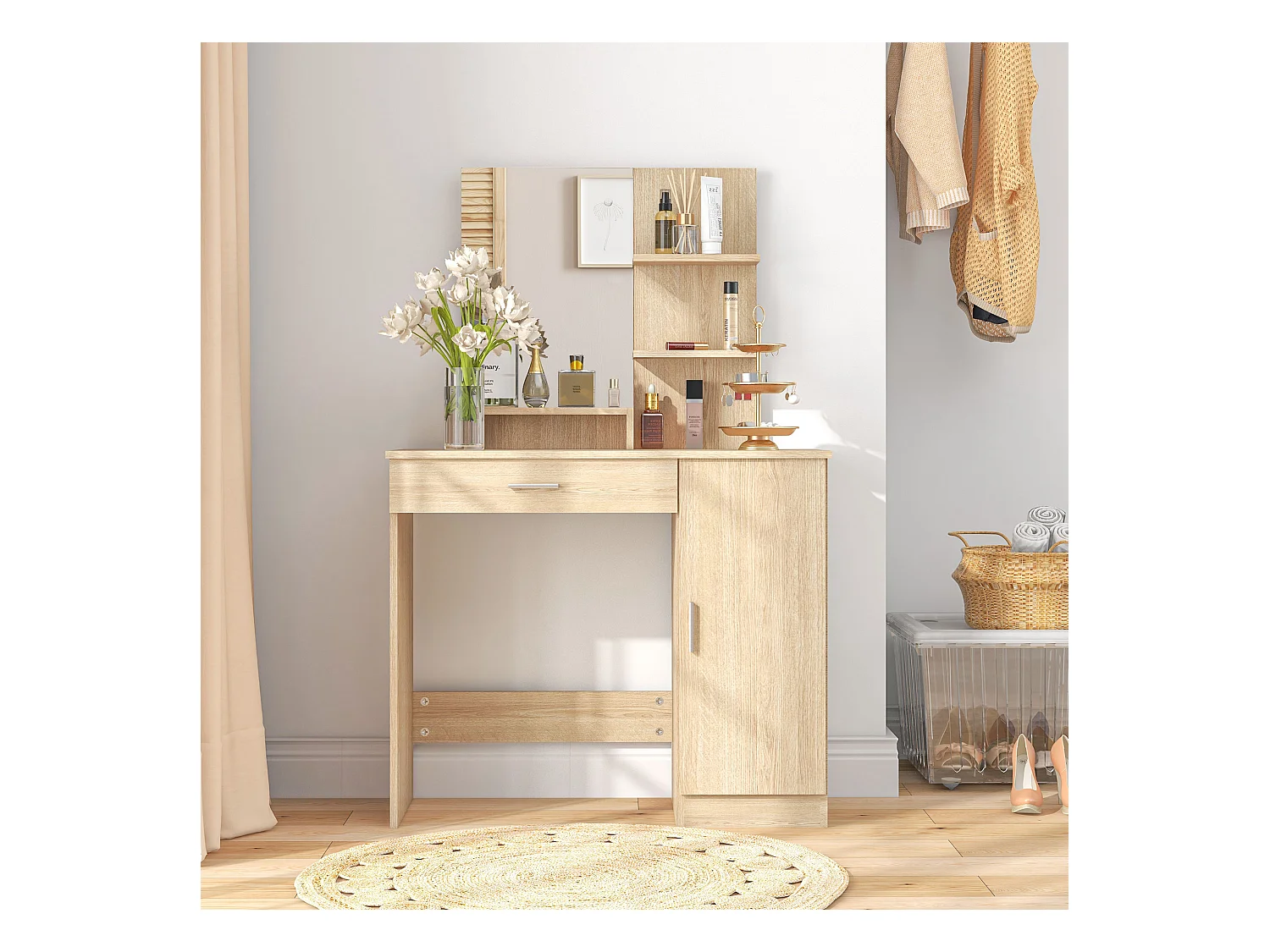 Tavolo per trucco con mobile cassetto ripiani e specchio