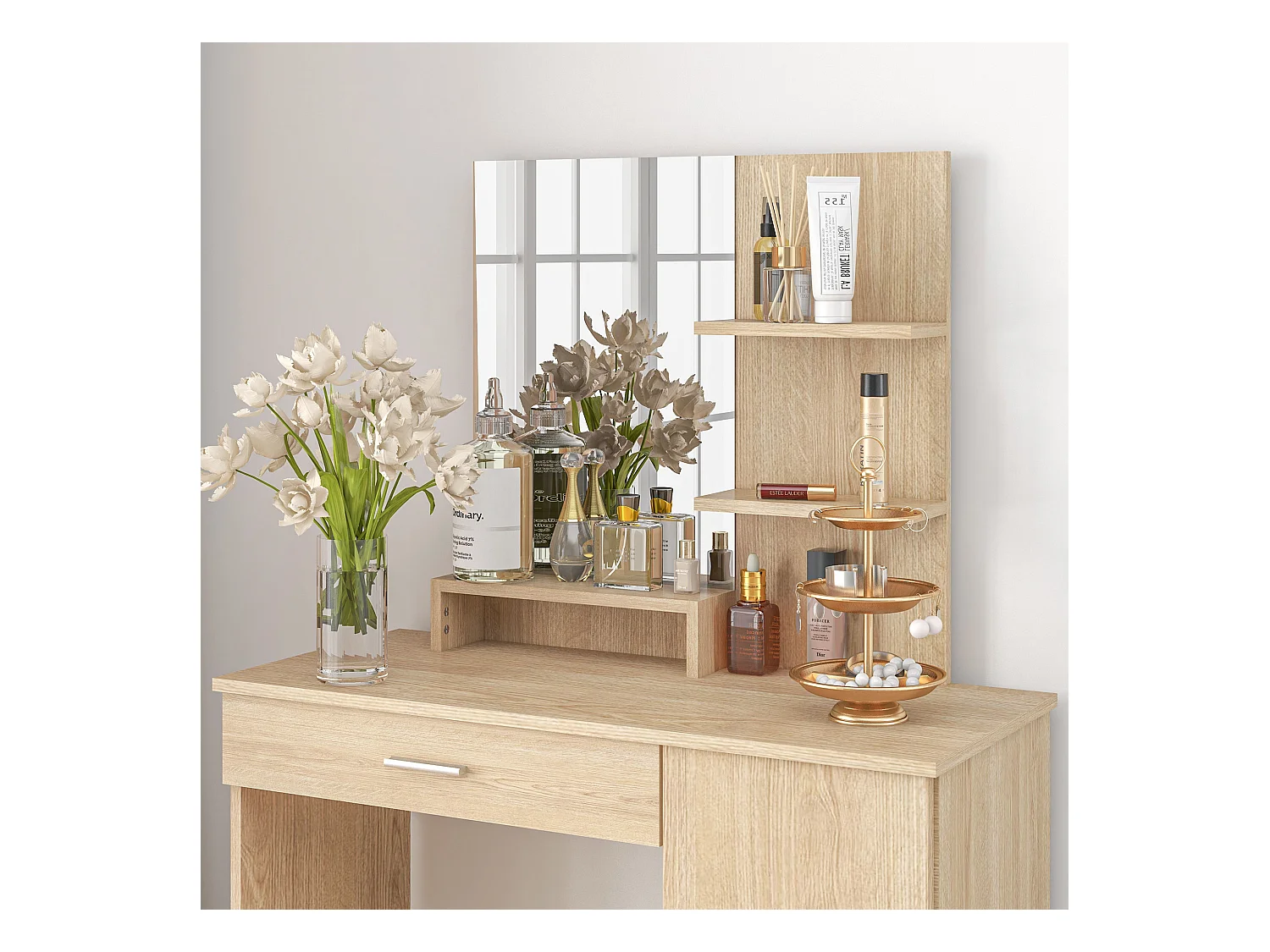 Tavolo per trucco con mobile cassetto ripiani e specchio