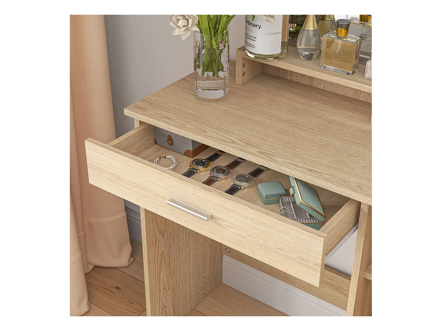 Tavolo per trucco con mobile cassetto ripiani e specchio