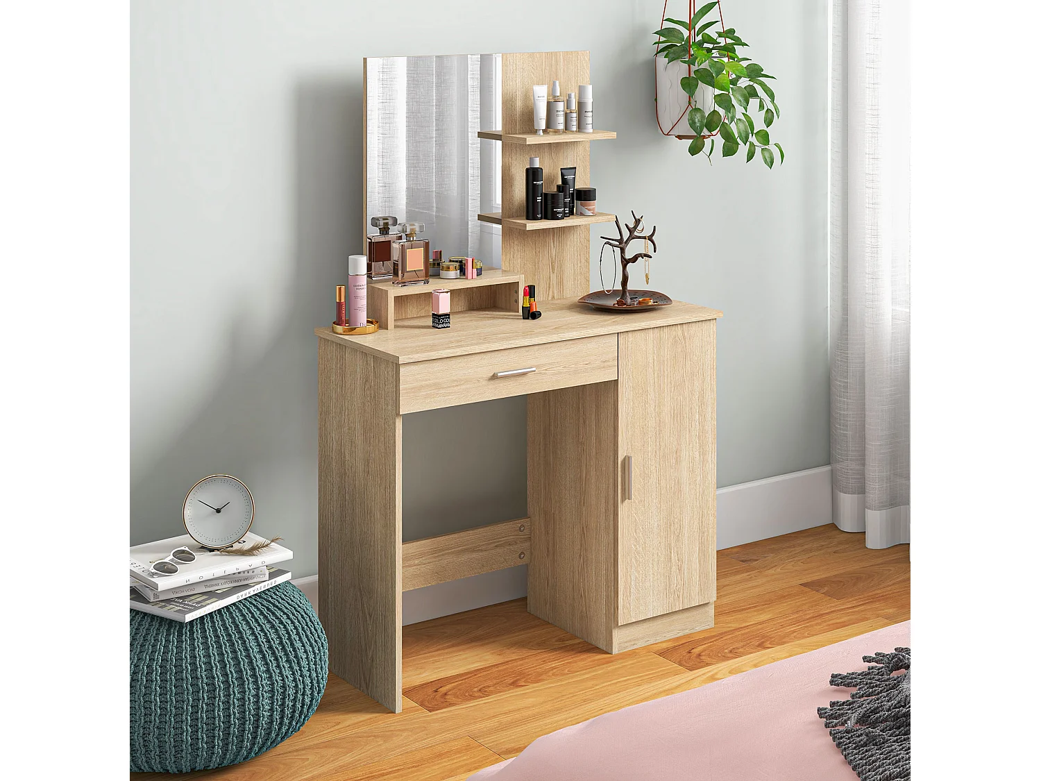 Tavolo per trucco con mobile cassetto ripiani e specchio