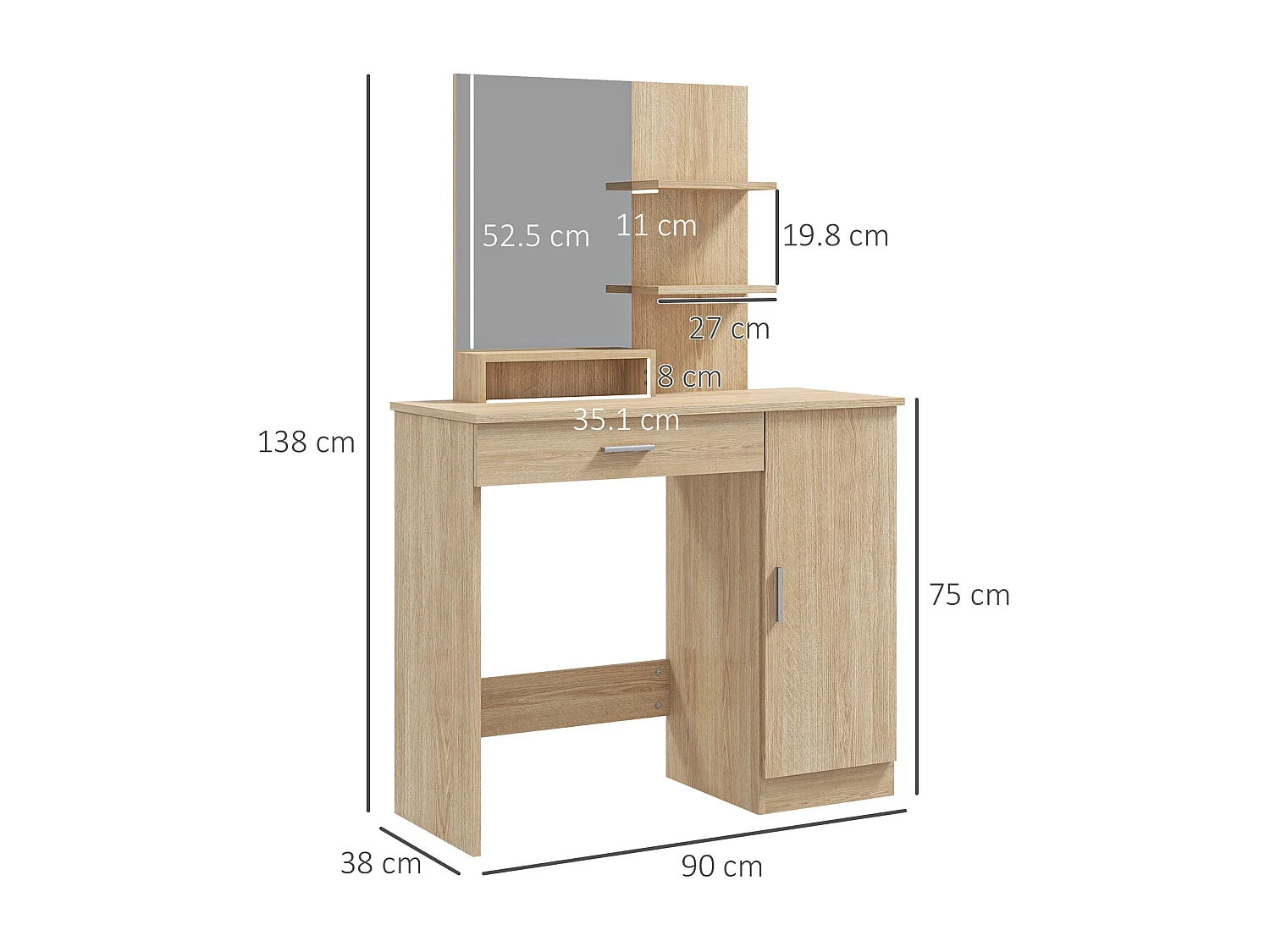 Tavolo per trucco con mobile cassetto ripiani e specchio