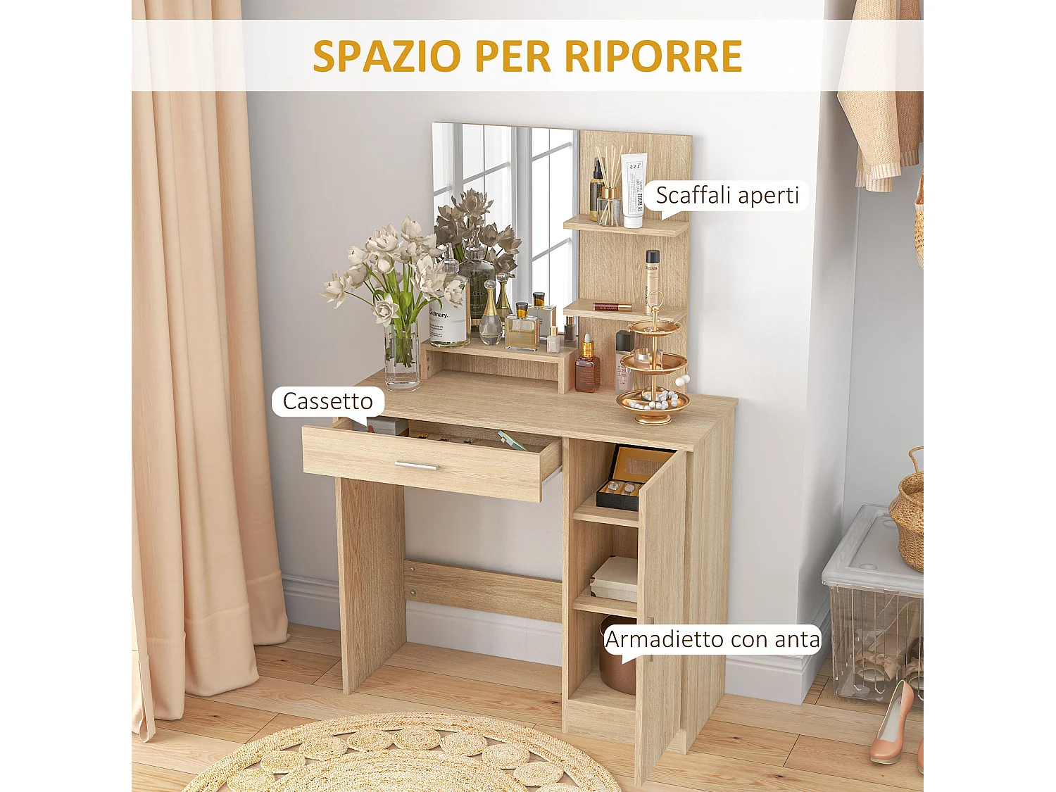 Tavolo per trucco con mobile cassetto ripiani e specchio