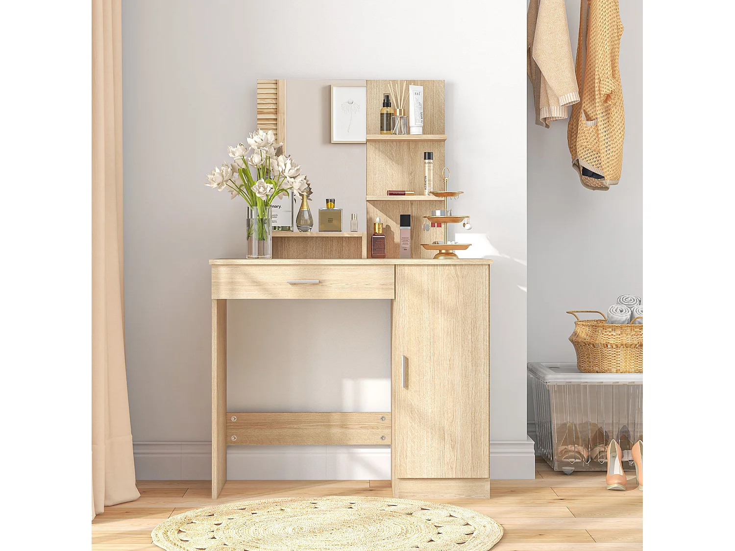 Tavolo per trucco con mobile cassetto ripiani e specchio