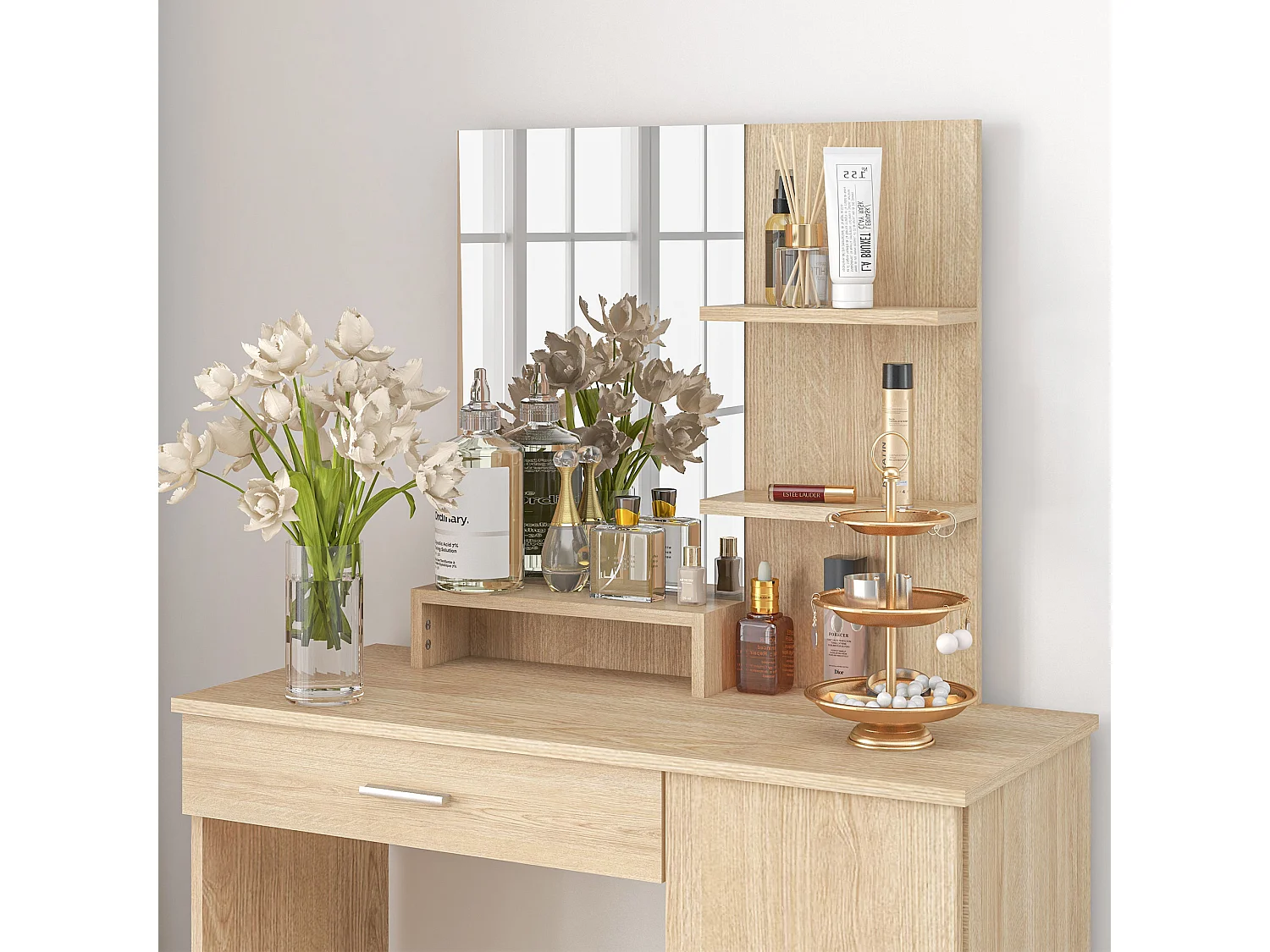 Tavolo per trucco con mobile cassetto ripiani e specchio