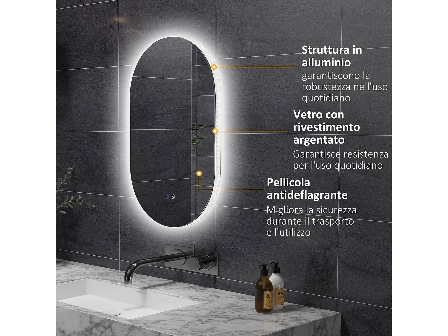Specchio bagno led in vetro e alluminio con luminosità regolabile