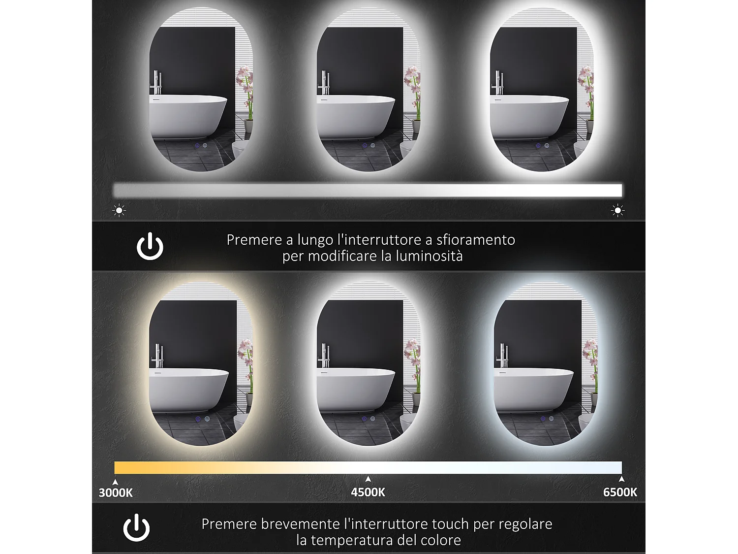 Specchio bagno led in vetro e alluminio con luminosità regolabile