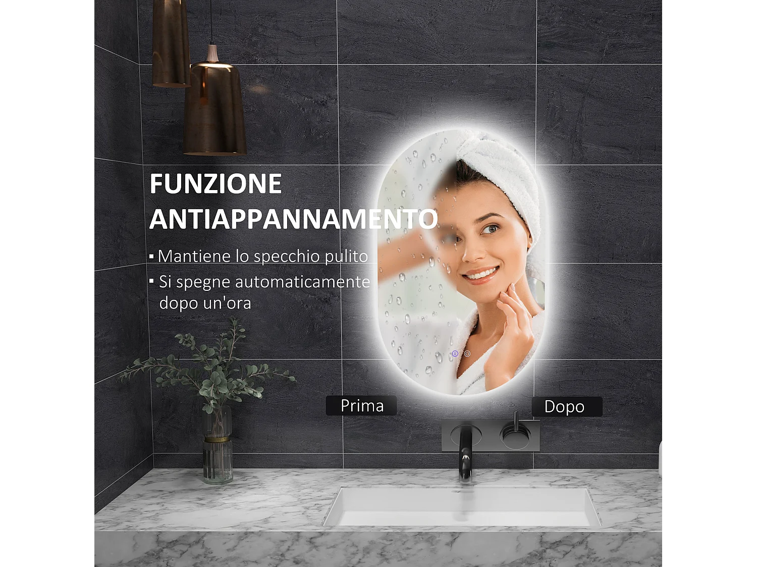 Specchio bagno led in vetro e alluminio con luminosità regolabile