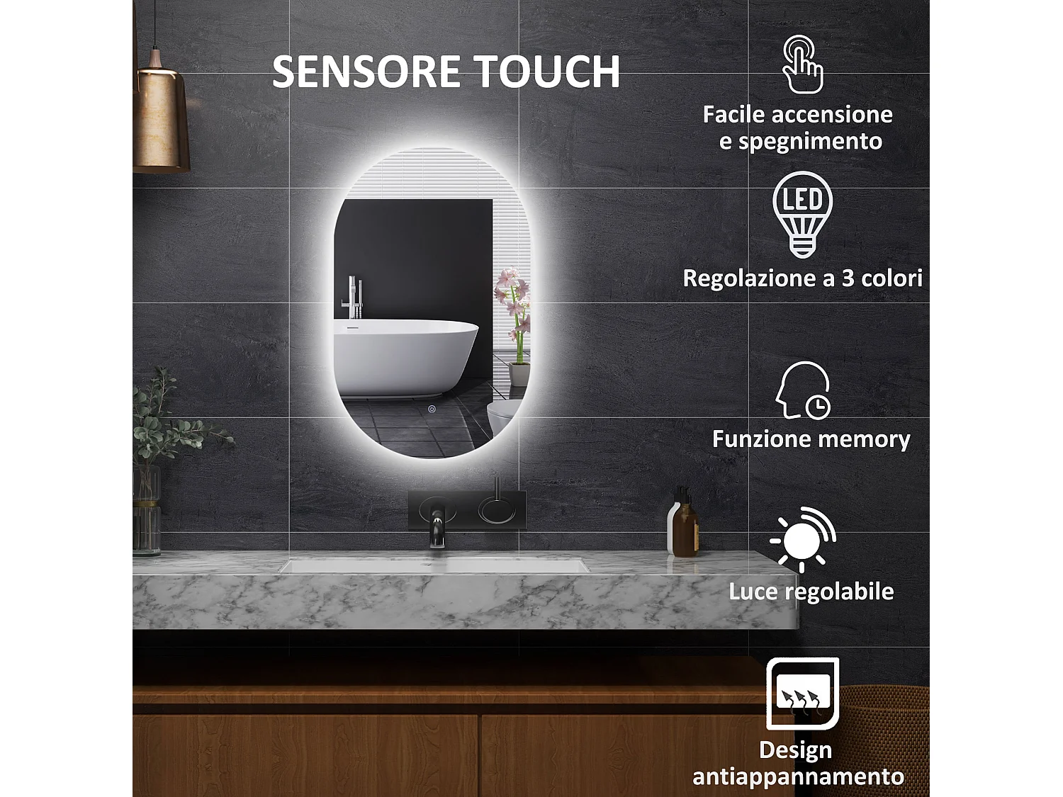 Specchio bagno led in vetro e alluminio con luminosità regolabile