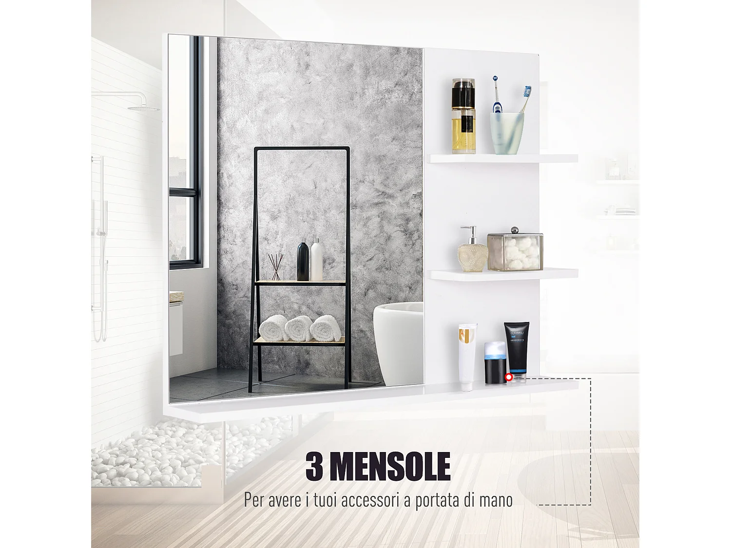 Mobiletto pensile bagno con specchio a parete in mdf bianco