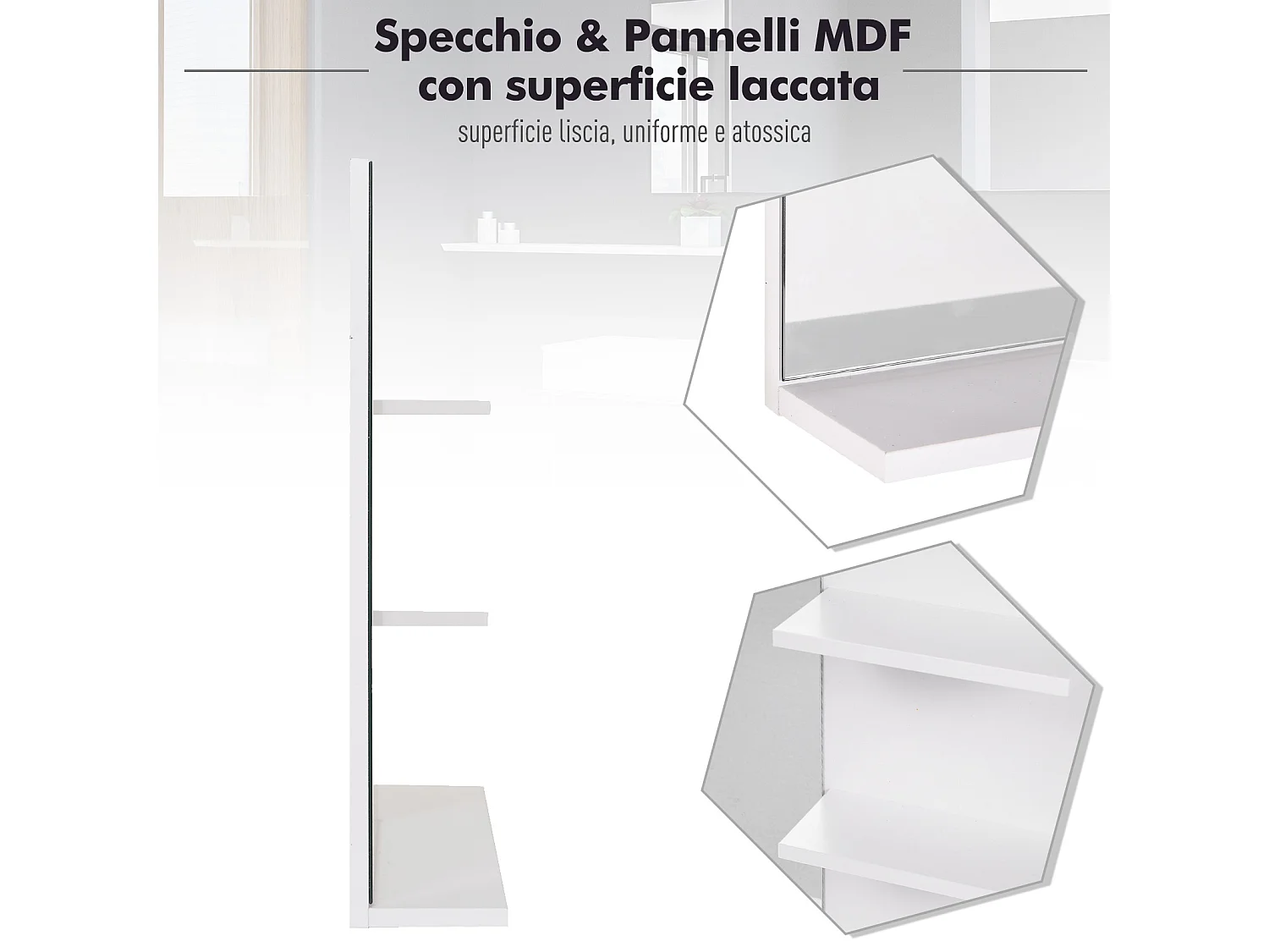 Mobiletto pensile bagno con specchio a parete in mdf bianco