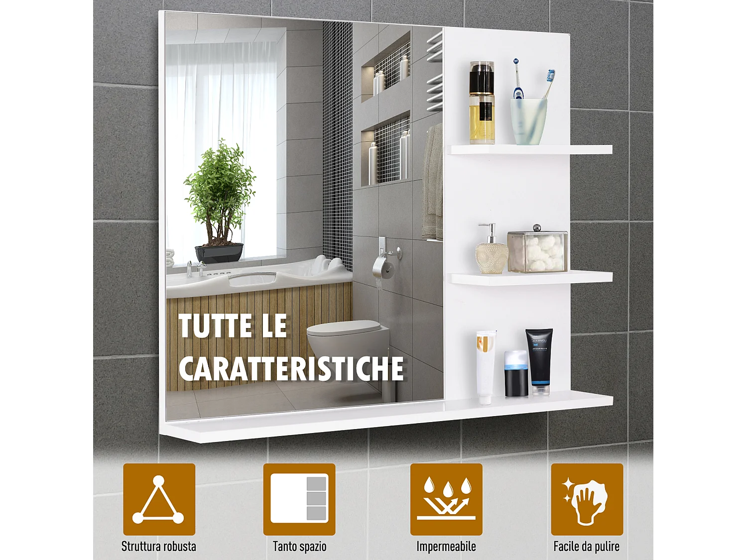 Mobiletto pensile bagno con specchio a parete in mdf bianco