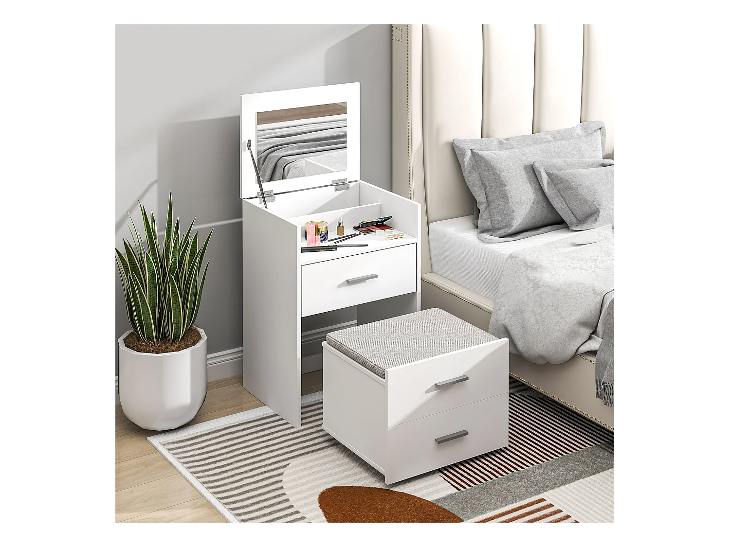 Tavolo da trucco in mdf con specchio, 2 cassetti e sgabello bianco