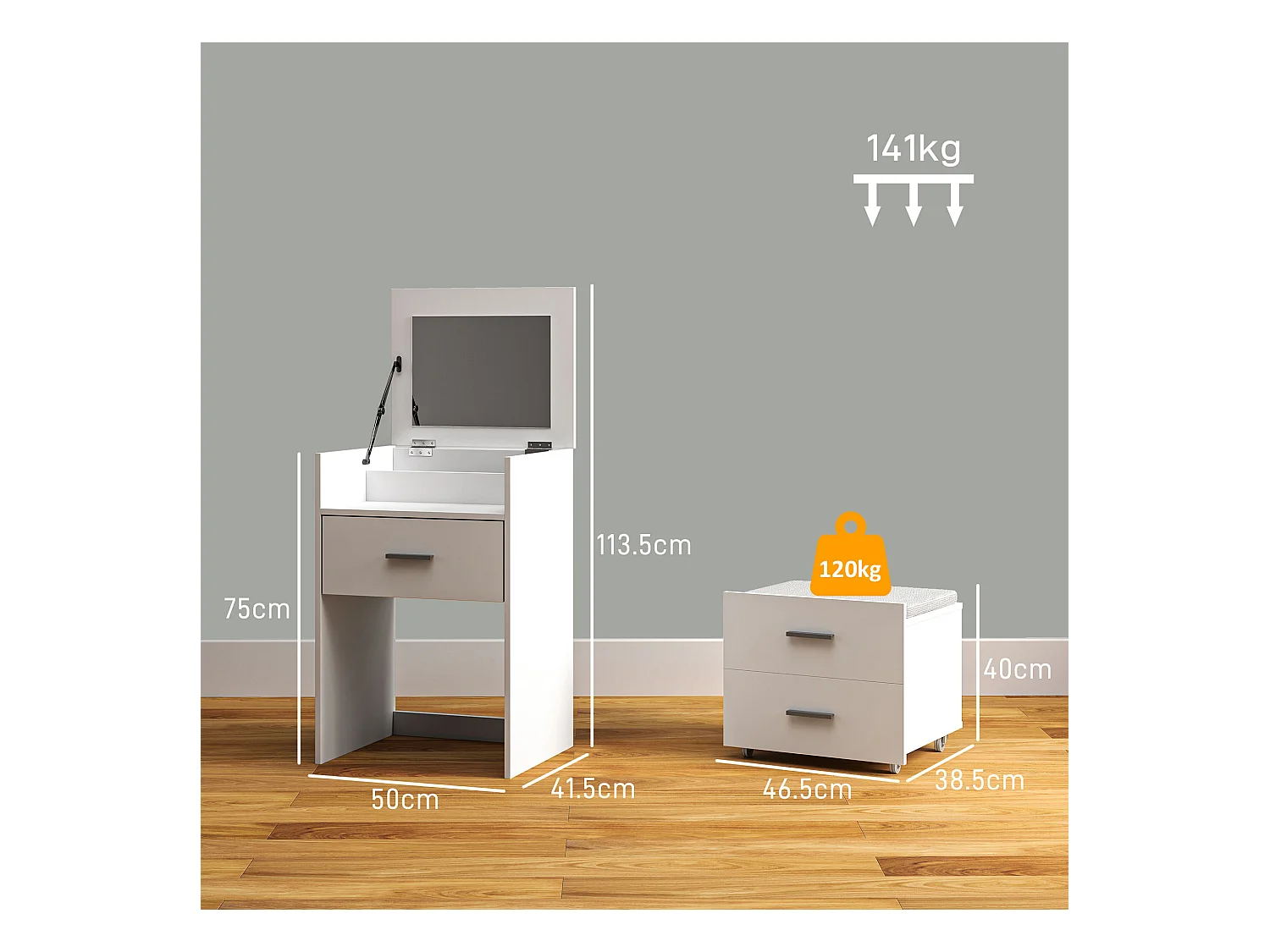 Tavolo da trucco in mdf con specchio, 2 cassetti e sgabello bianco