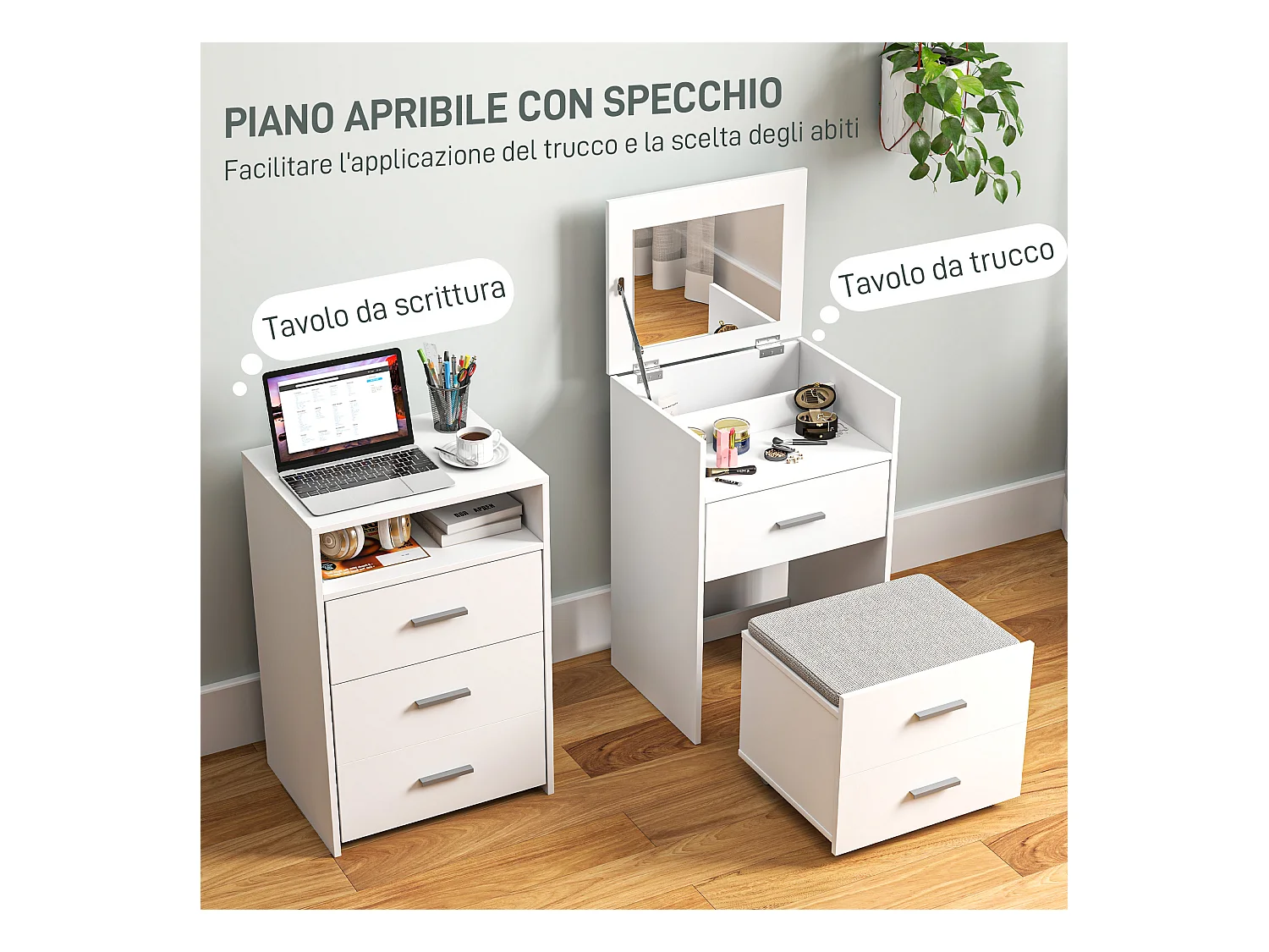 Tavolo da trucco in mdf con specchio, 2 cassetti e sgabello bianco