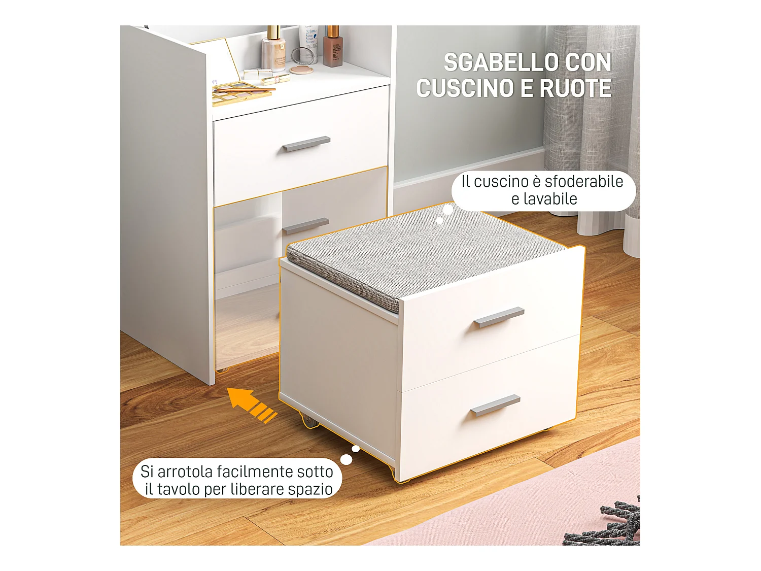 Tavolo da trucco in mdf con specchio, 2 cassetti e sgabello bianco