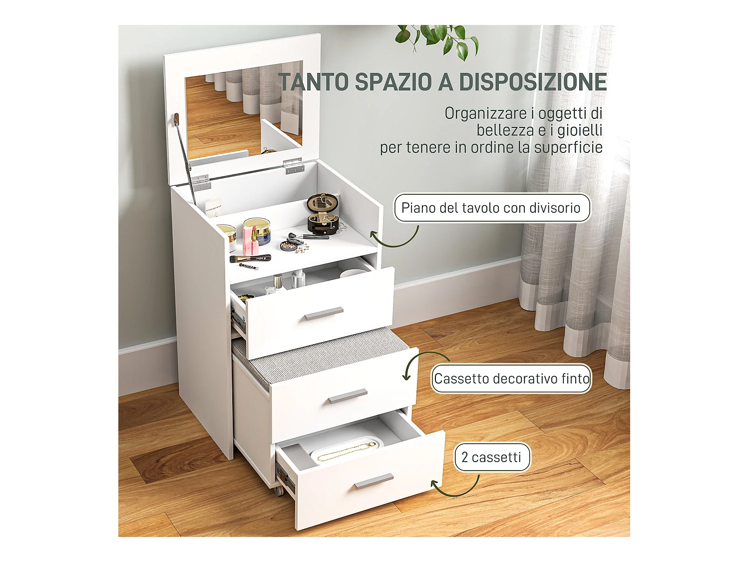 Tavolo da trucco in mdf con specchio, 2 cassetti e sgabello bianco