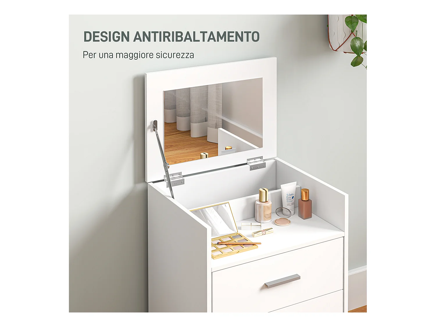 Tavolo da trucco in mdf con specchio, 2 cassetti e sgabello bianco