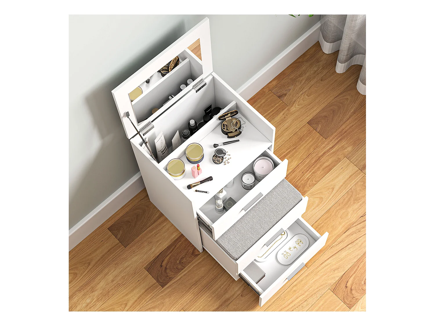 Tavolo da trucco in mdf con specchio, 2 cassetti e sgabello bianco