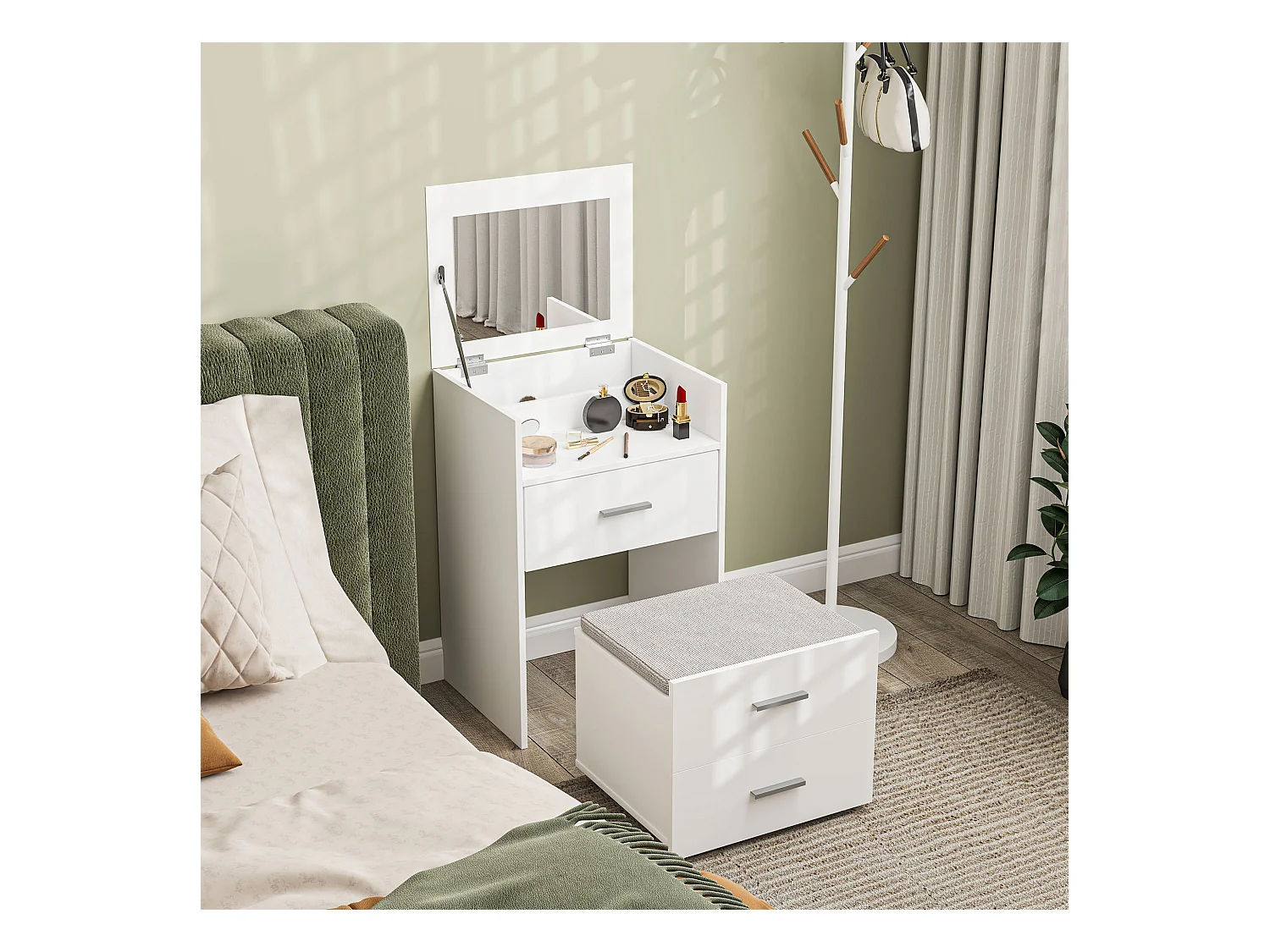 Tavolo da trucco in mdf con specchio, 2 cassetti e sgabello bianco