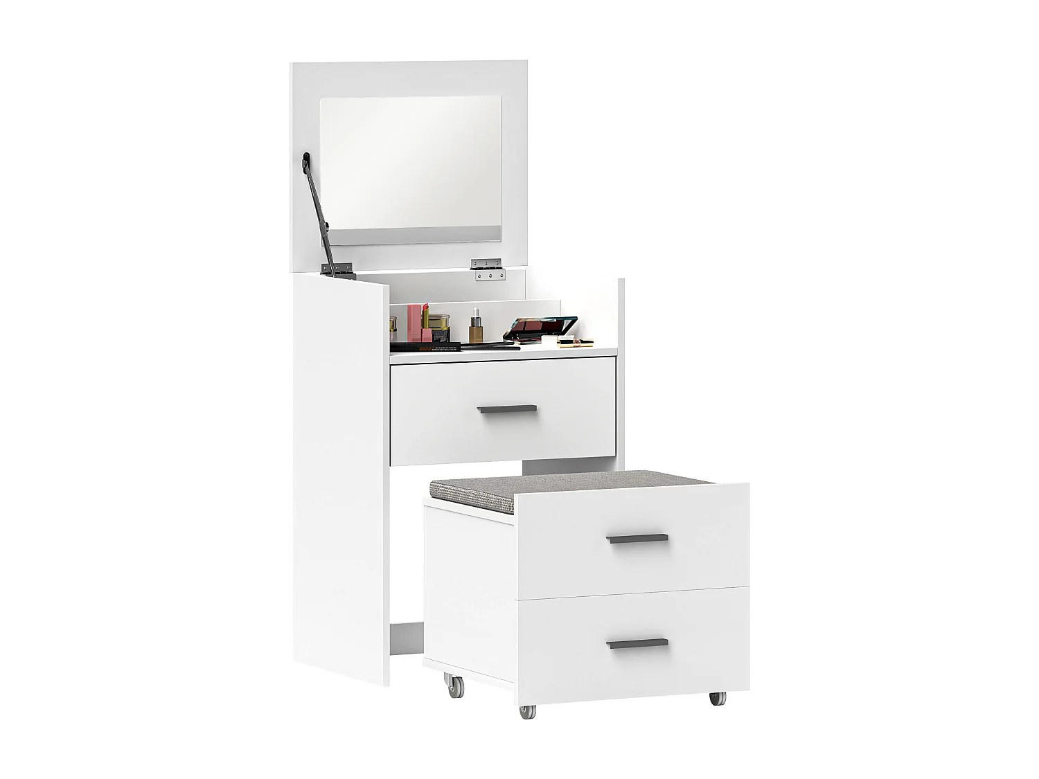 Tavolo da trucco in mdf con specchio, 2 cassetti e sgabello bianco
