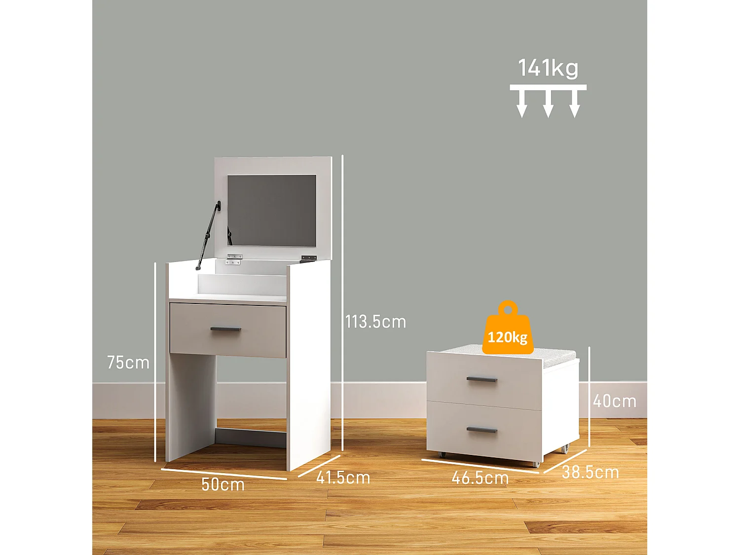 Tavolo da trucco in mdf con specchio, 2 cassetti e sgabello bianco