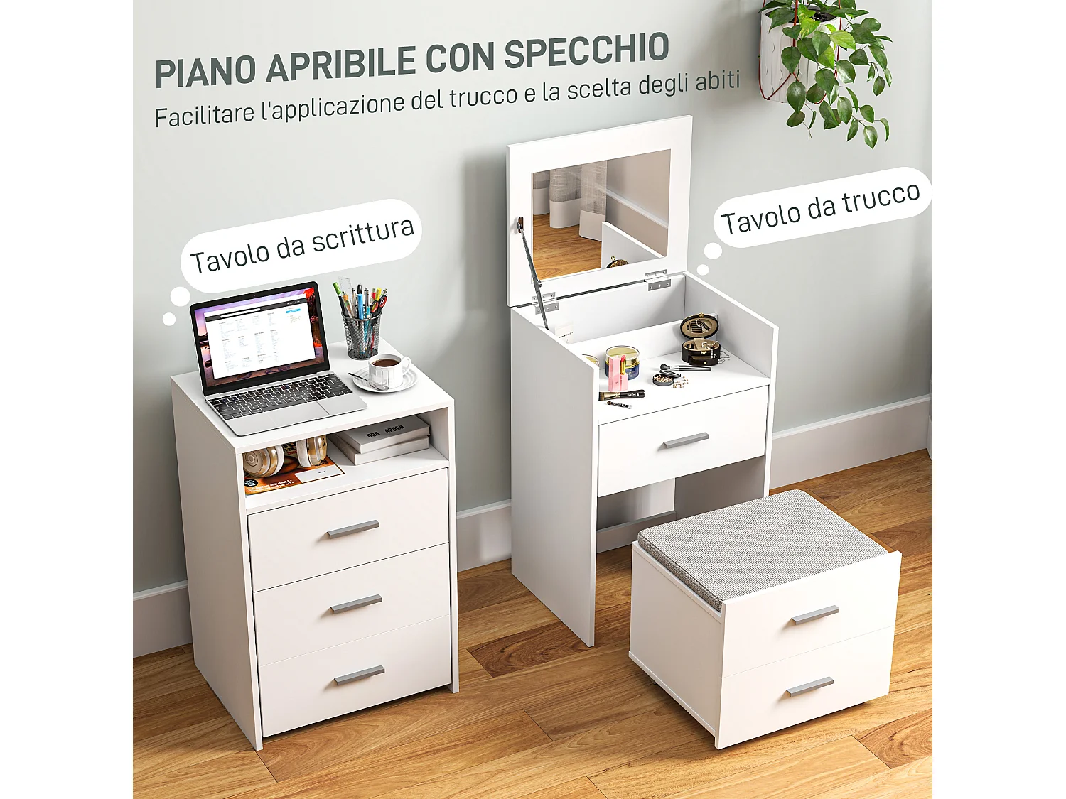 Tavolo da trucco in mdf con specchio, 2 cassetti e sgabello bianco