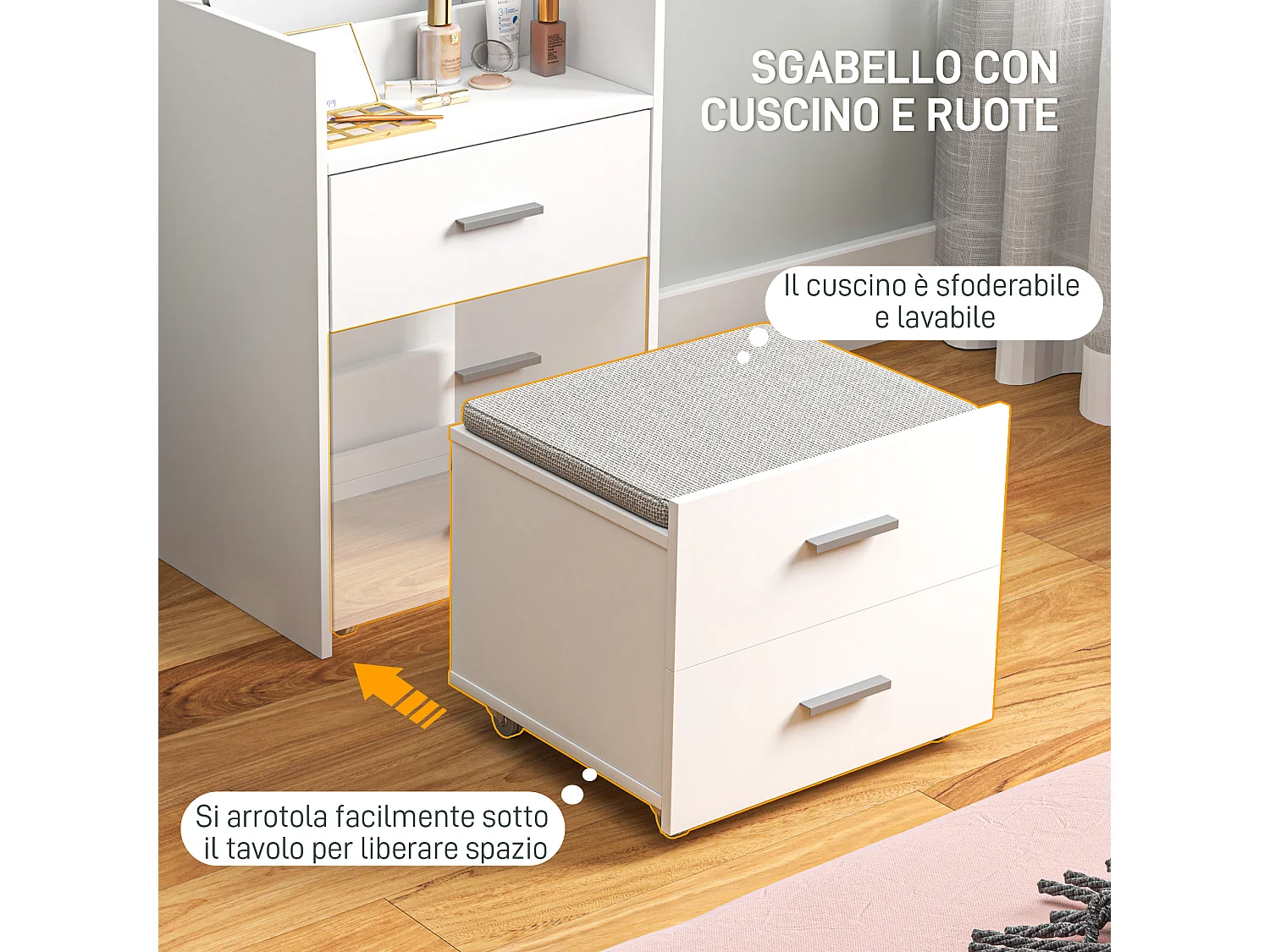 Tavolo da trucco in mdf con specchio, 2 cassetti e sgabello bianco