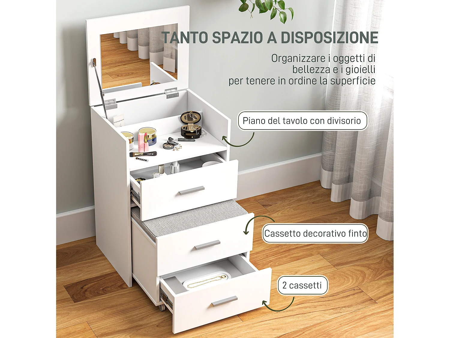 Tavolo da trucco in mdf con specchio, 2 cassetti e sgabello bianco
