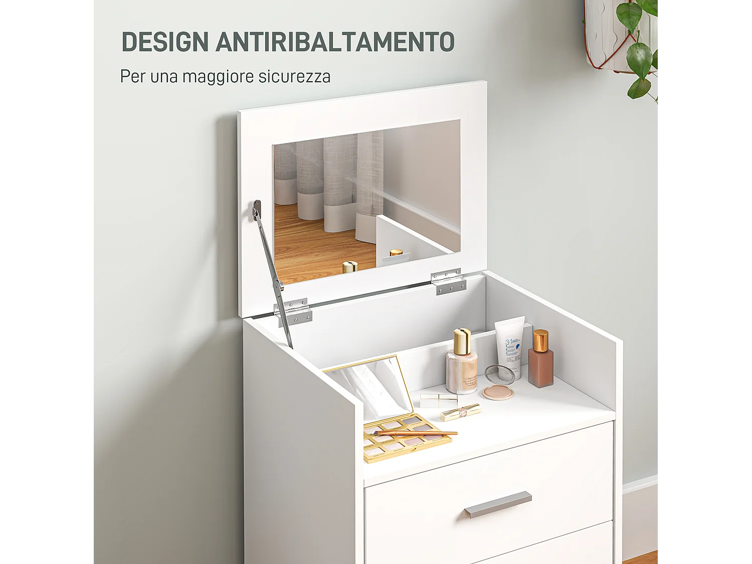 Tavolo da trucco in mdf con specchio, 2 cassetti e sgabello bianco