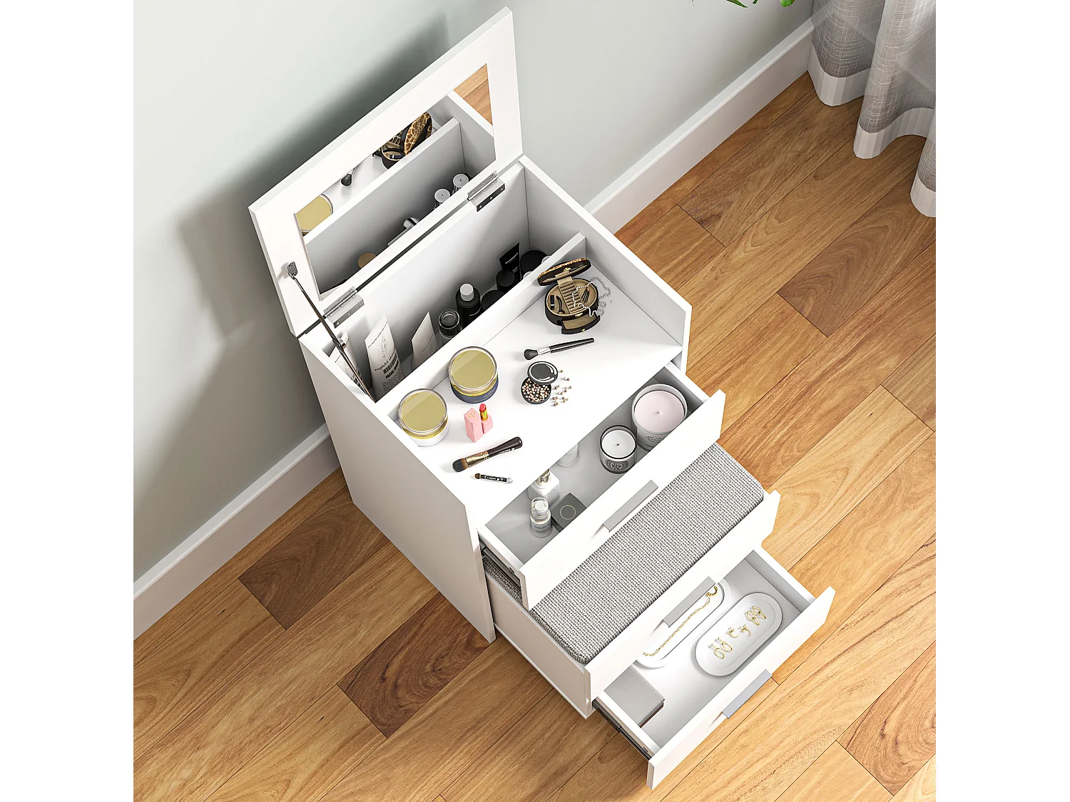 Tavolo da trucco in mdf con specchio, 2 cassetti e sgabello bianco