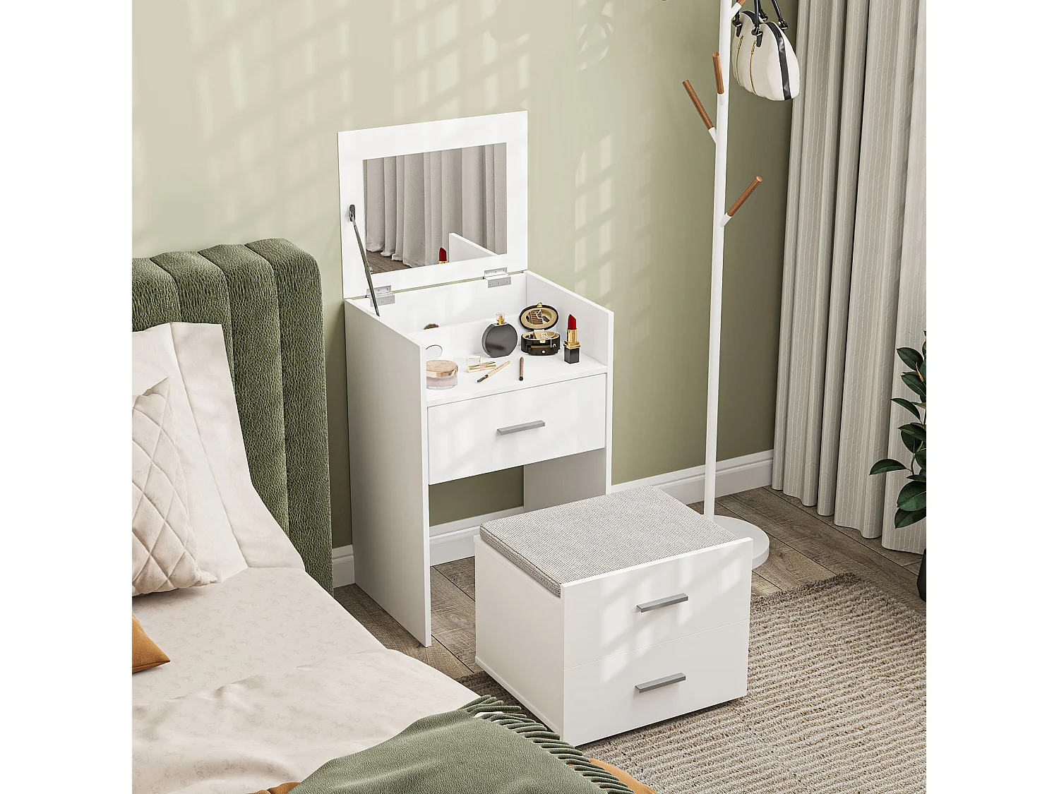 Tavolo da trucco in mdf con specchio, 2 cassetti e sgabello bianco