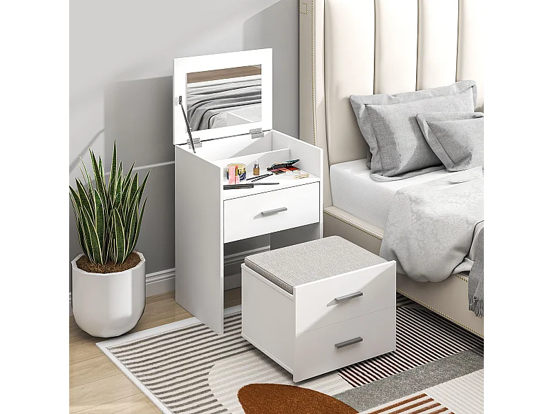 Tavolo da trucco in mdf con specchio, 2 cassetti e sgabello bianco
