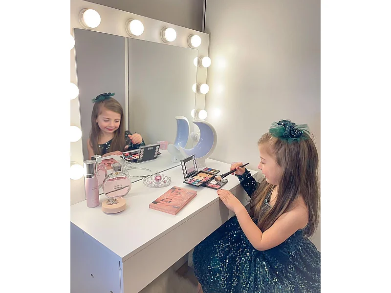 Set tavolo da trucco con specchio a led e sgabello in legno bianco