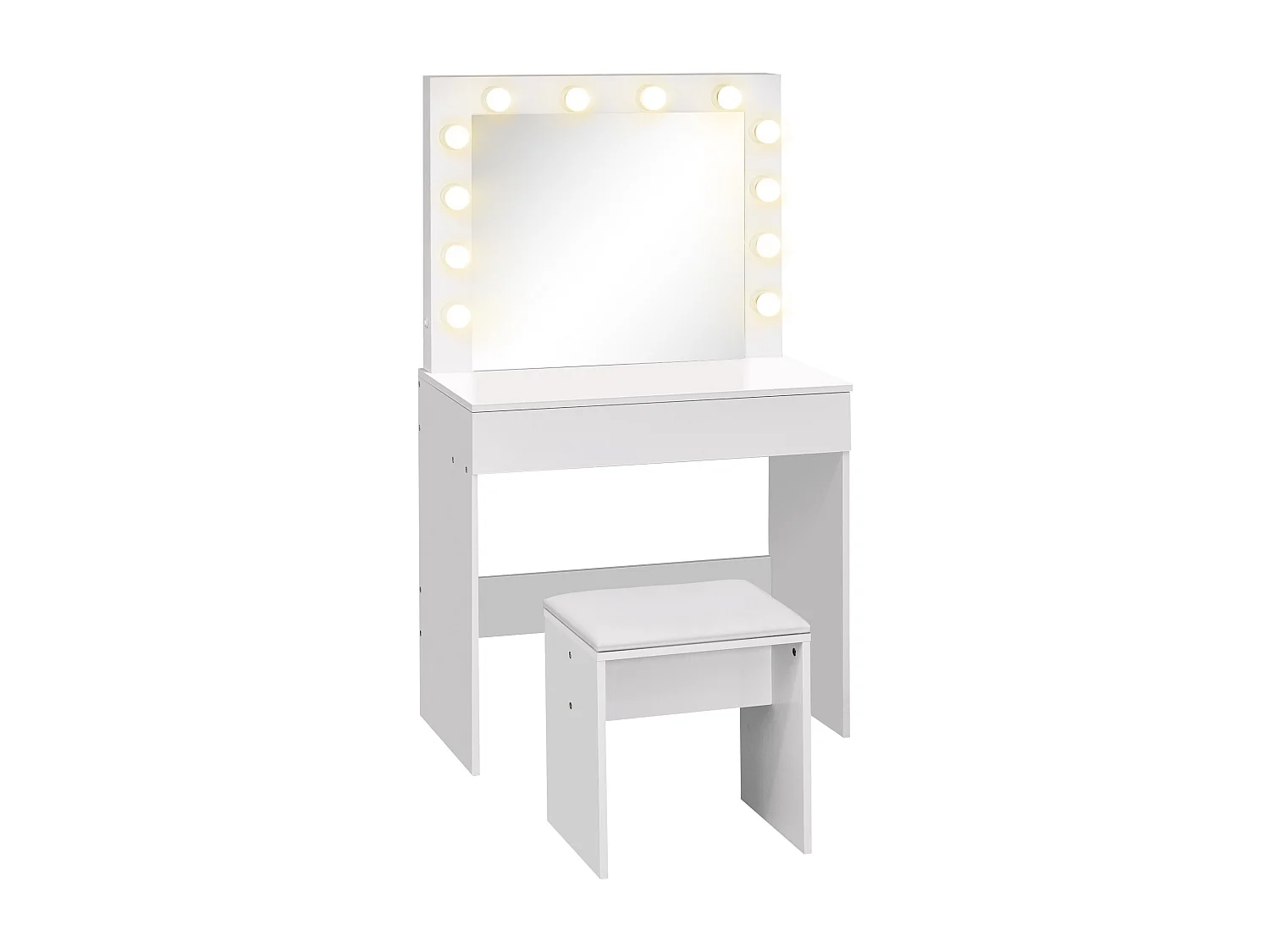 Set tavolo da trucco con specchio a led e sgabello in legno bianco